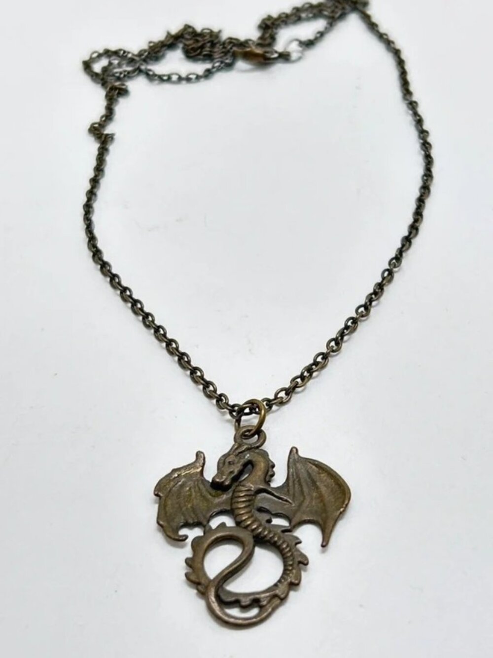 Antiqued Gold Long Necklace With Dragon Pendant 🟡
